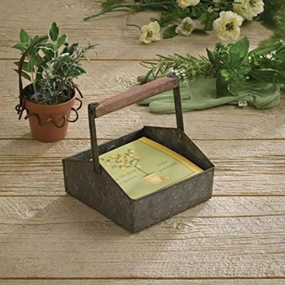 Benzara Gray Galvanized Metal Beverage Napkin Caddy Organizer with Wooden Handle