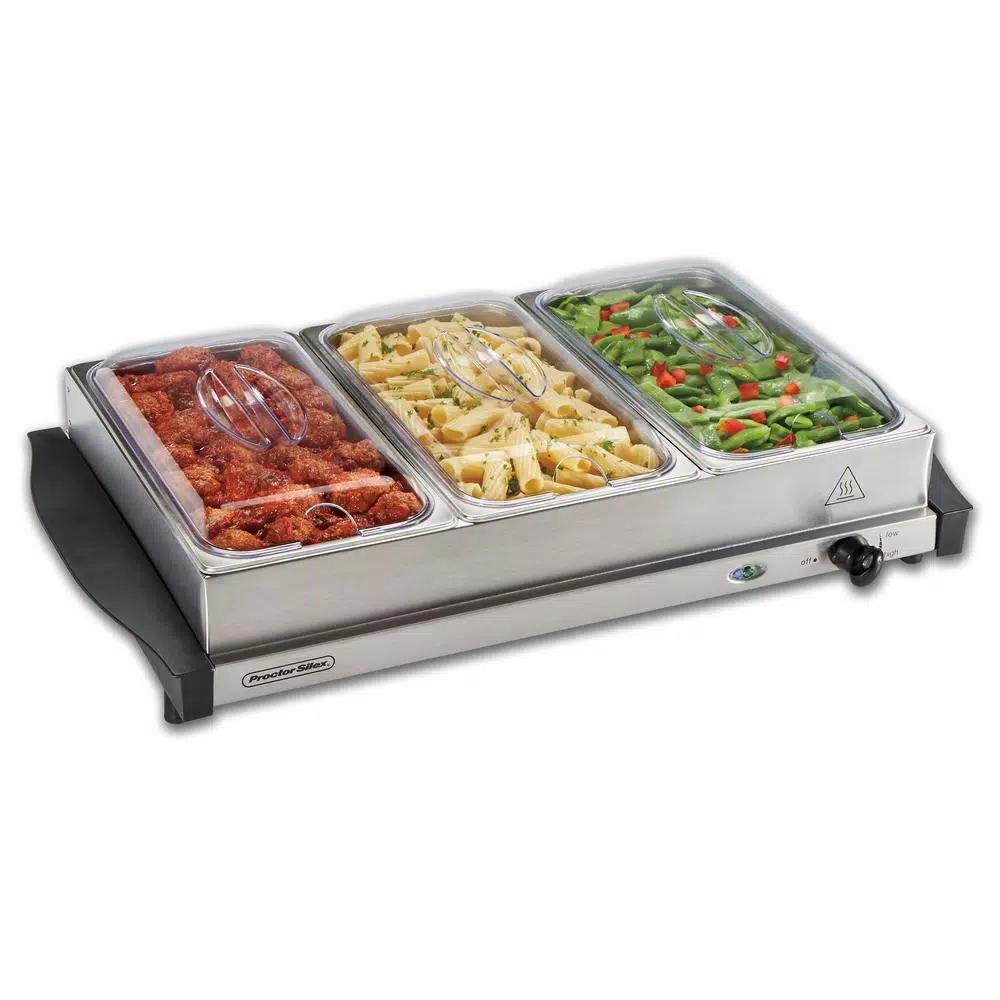 Proctor Silex 6.6 Qt. Stainless Steel Buffet Server and Warming Tray with 3 Removable Pans
