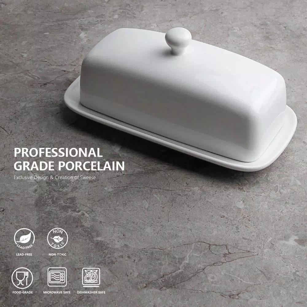 Sweese White Porcelain Butter Dish with Cover, 4 oz. Rectangular Butter Keeper for American Size Sticks