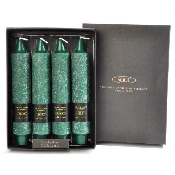 ROOT CANDLES 7 in. Timberline Collenette Dark Green Taper Dinner Candles, Beeswax Enriched (Box of 4)