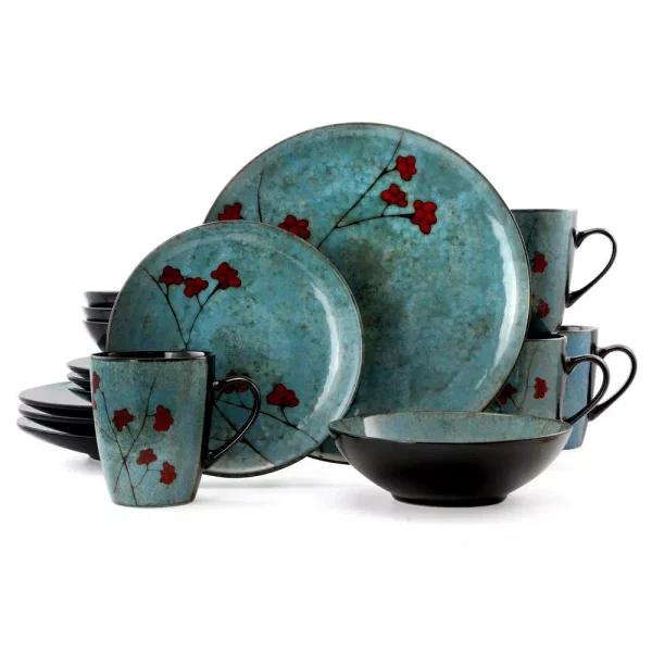Elama Floral Accents 16-Piece Blue Stoneware Dinnerware Set, Service for 4
