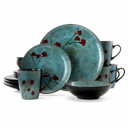 Elama Floral Accents 16-Piece Blue Stoneware Dinnerware Set, Service for 4 thumbnail 1