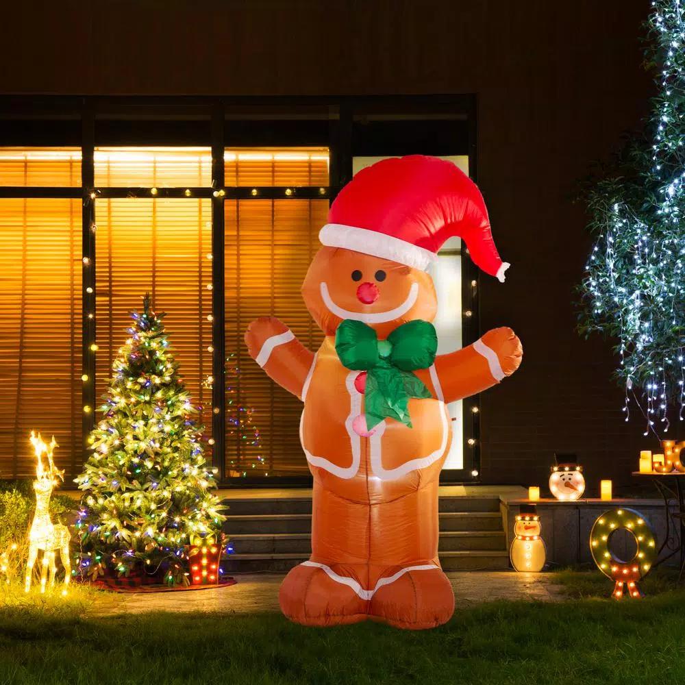 Glitzhome 8 ft. Lighted Inflatable Gingerbread Man Christmas Decor with LED Lights