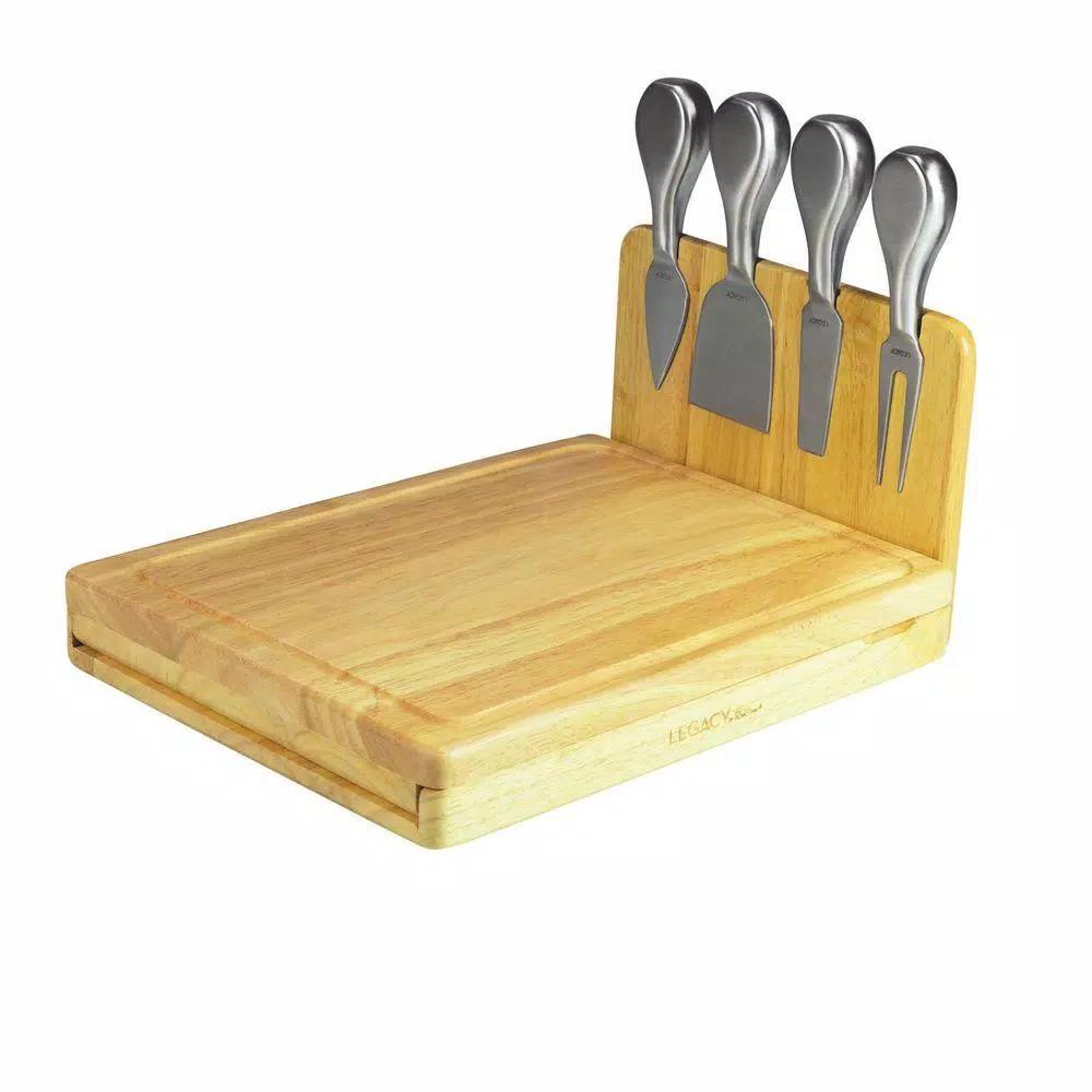 Legacy Asiago Folding Rubberwood Cutting Board and 4-Piece Stainless Steel Cheese Tool Set