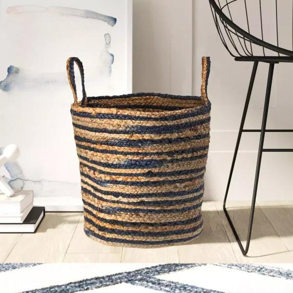 LR Home Wonder Striped Braided Navy Blue Natural Jute Decorative Storage Basket with Handles
