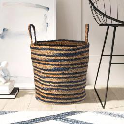 LR Home Wonder Striped Braided Navy Blue Natural Jute Decorative Storage Basket with Handles thumbnail 1