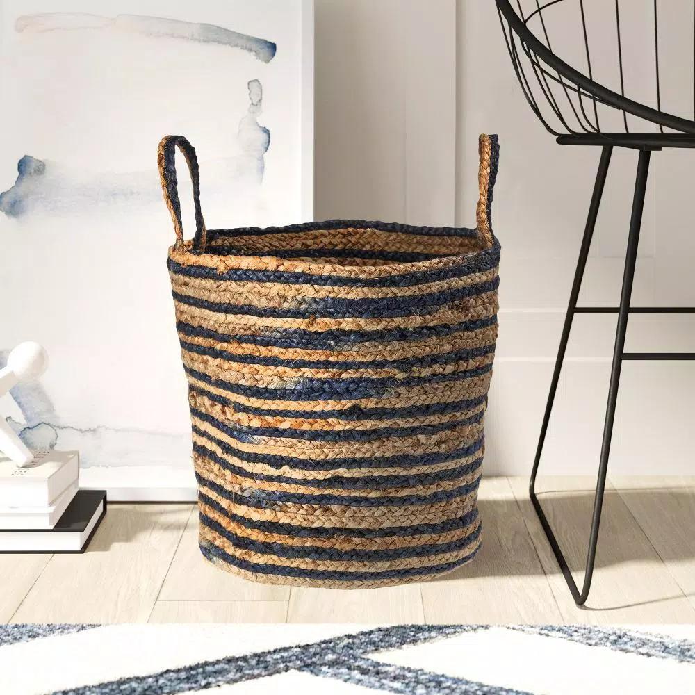 LR Home Wonder Striped Braided Navy Blue Natural Jute Decorative Storage Basket with Handles