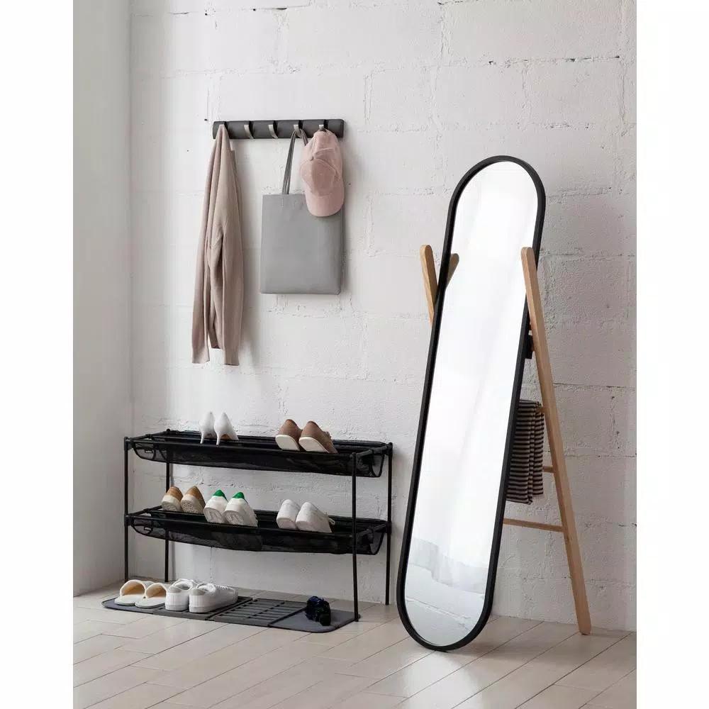 Umbra Modern Black Leaning Floor Mirror with Solid Wood Easel Storage Rack