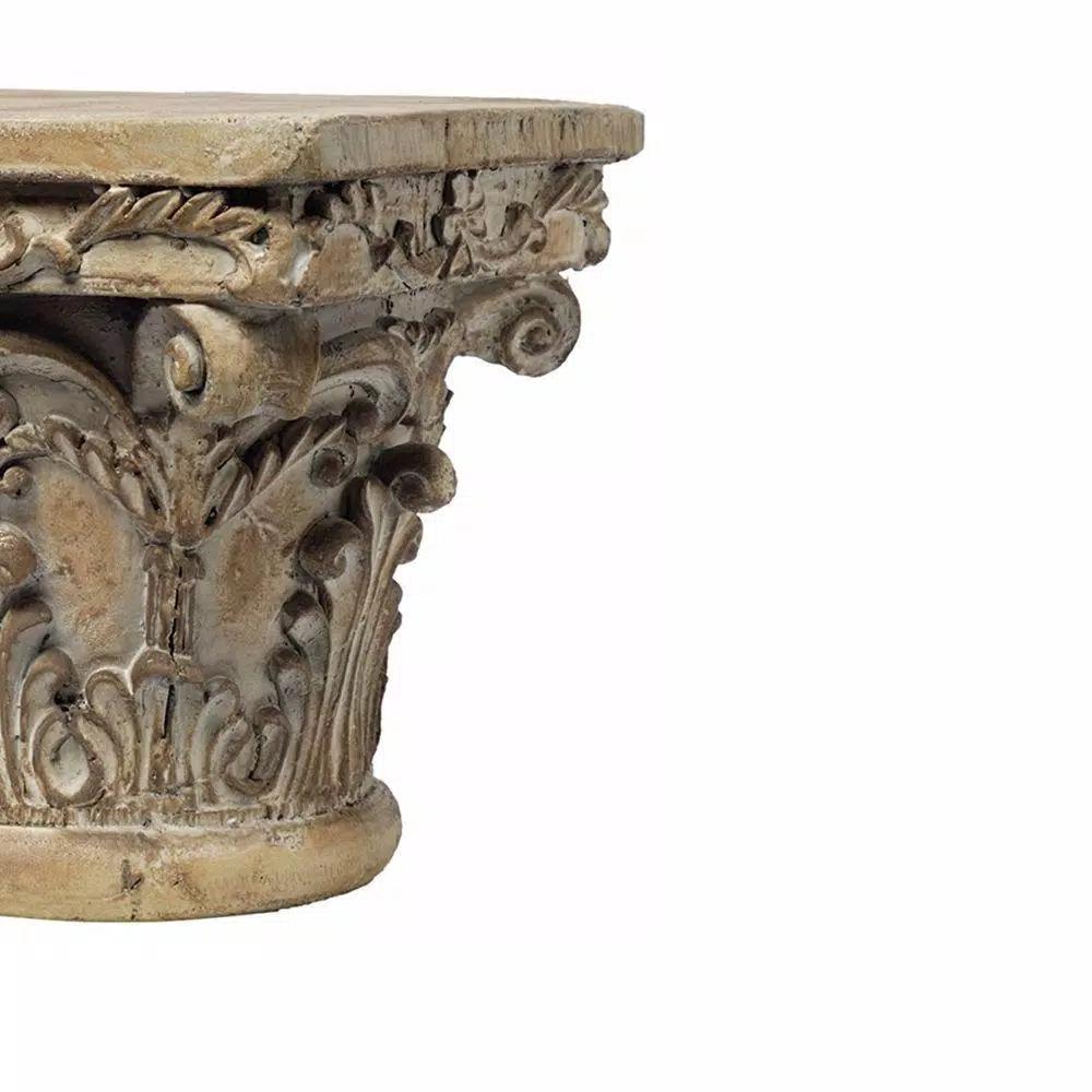 Benjara Aesthetic Resin Decorative Pedestal with Acanthus Leaf Design and Scrolled Details, Brown