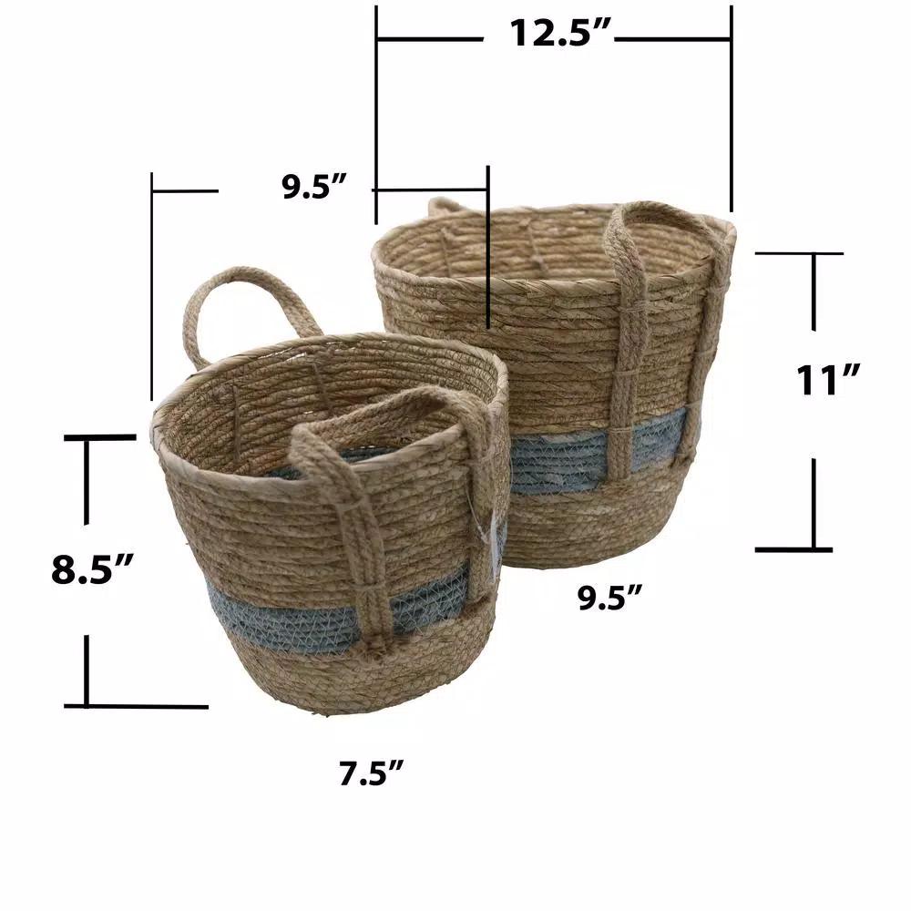 Admired By Nature Natural Blue Tone Fabric Nesting Storage Baskets with Handles, Seagrass Design (Set of 2)