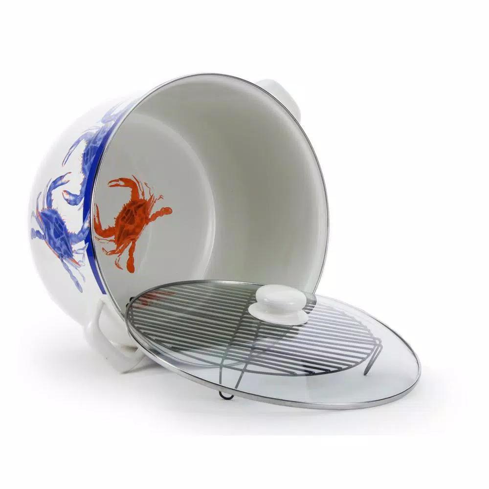 Golden Rabbit Blue Crab 18 qt. Porcelain-Coated Steel Stock Pot Set with Glass Lid and Rack