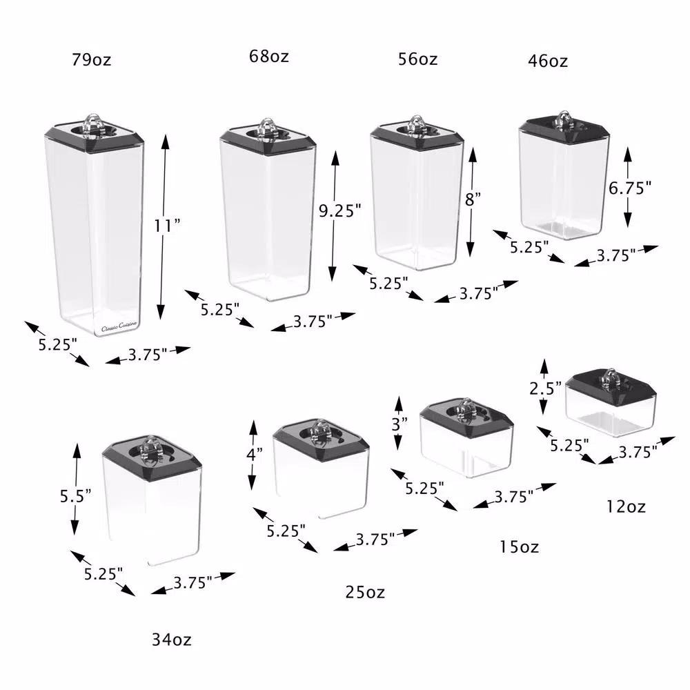 Classic Cuisine 8-Piece Airtight Plastic Food Storage Container Set, Stackable Rectangular Canisters