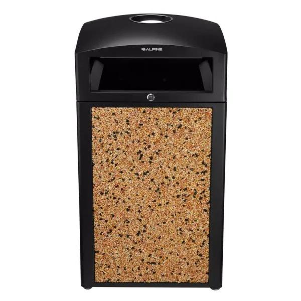 Alpine Industries 40 Gal. Stone & Steel Outdoor Commercial Trash Can with Ash Tray Lid