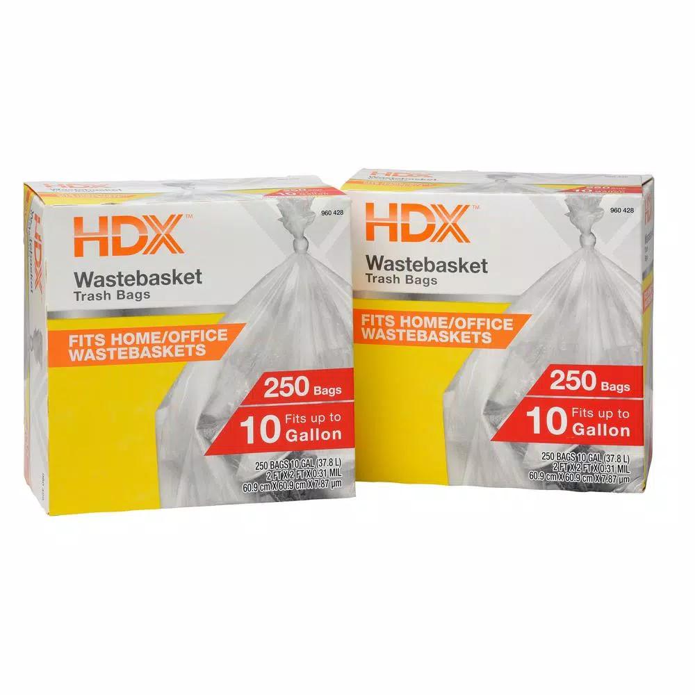 HDX 10 Gallon Clear Waste Liner Trash Bags, 0.31 Mil High-Density Polyethylene, 500-Count