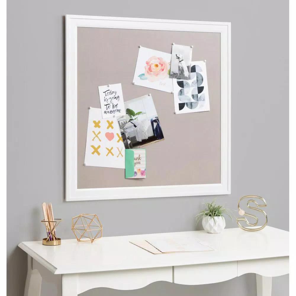 DesignOvation Bosc White Fabric Pinboard Framed Linen Memo Board, 31.5 x 31.5 in