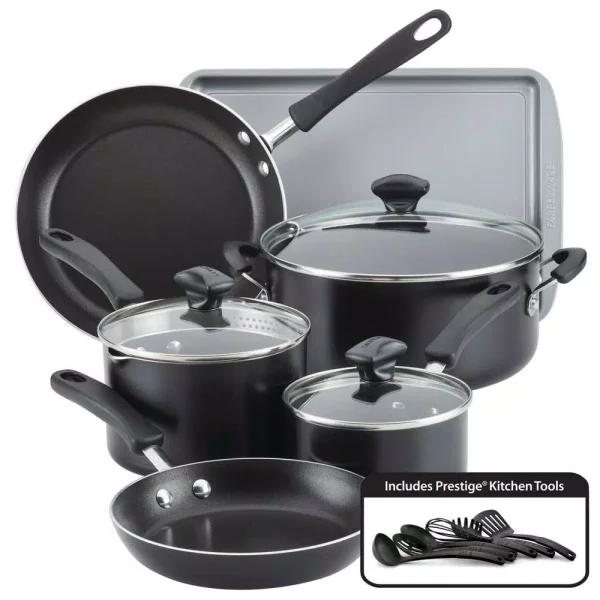 Farberware Cookstart 15-Piece DiamondMax Nonstick Aluminum Cookware Set, Black
