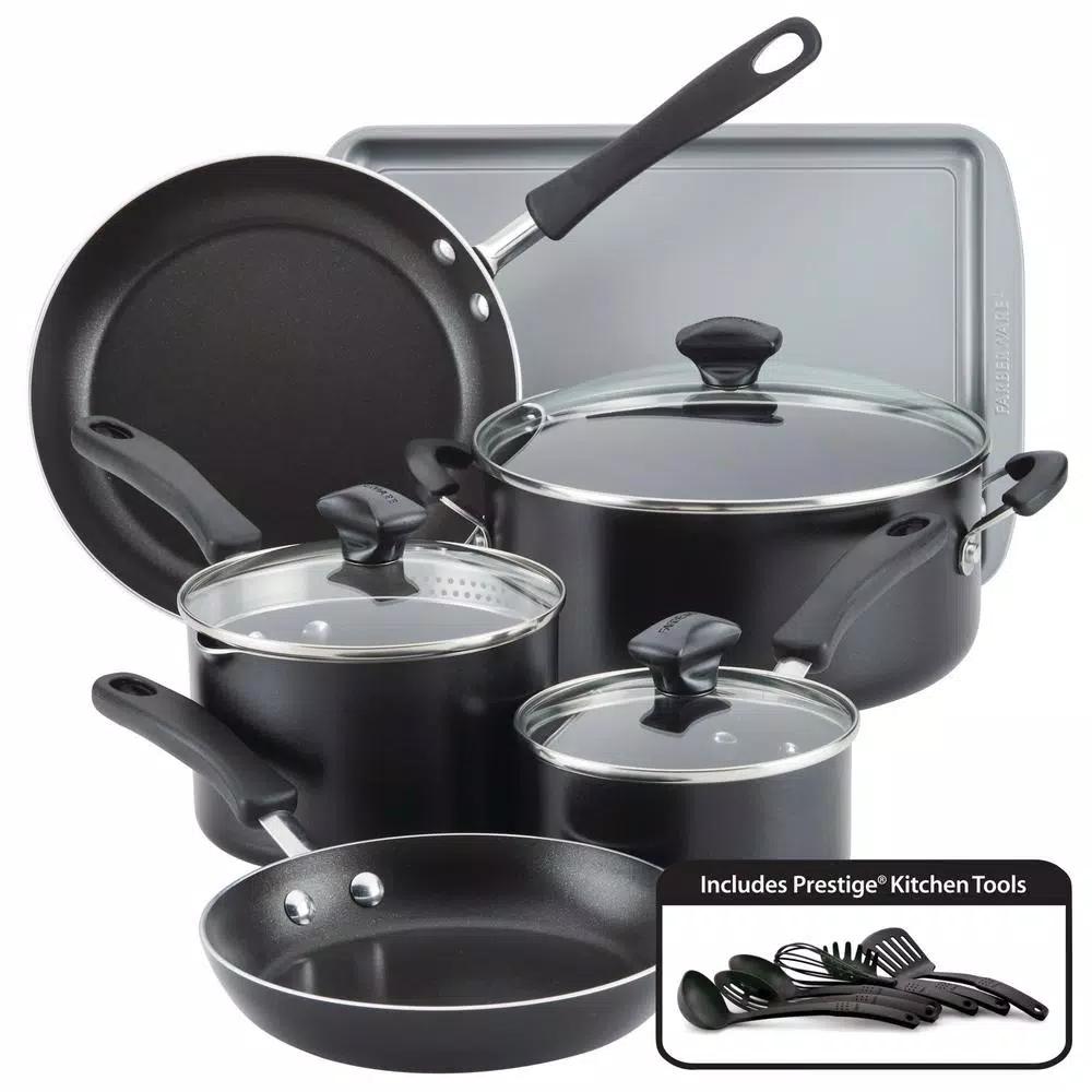 Farberware Cookstart 15-Piece DiamondMax Nonstick Aluminum Cookware Set, Black