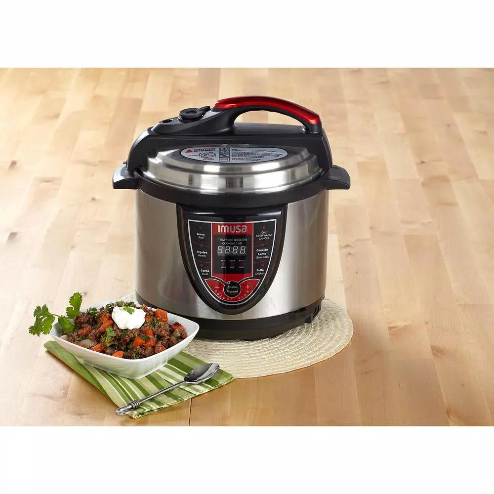 IMUSA 5 Qt. Electric Pressure Cooker, Silver and Red with Digital Display