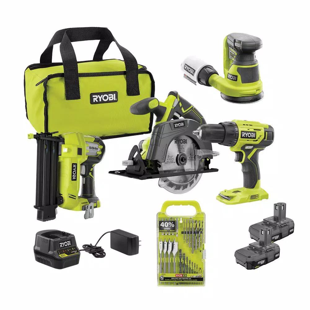 RYOBI 18V ONE+ Cordless 4-Tool Combo Kit with 31-Piece Bit Set, 2 1.5 Ah Batteries, Charger and Bag