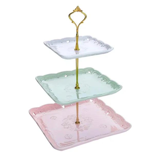 MALACASA 3-Tiered Square Porcelain Cupcake Tower Stand - Assorted Colors Dessert Serving Tray