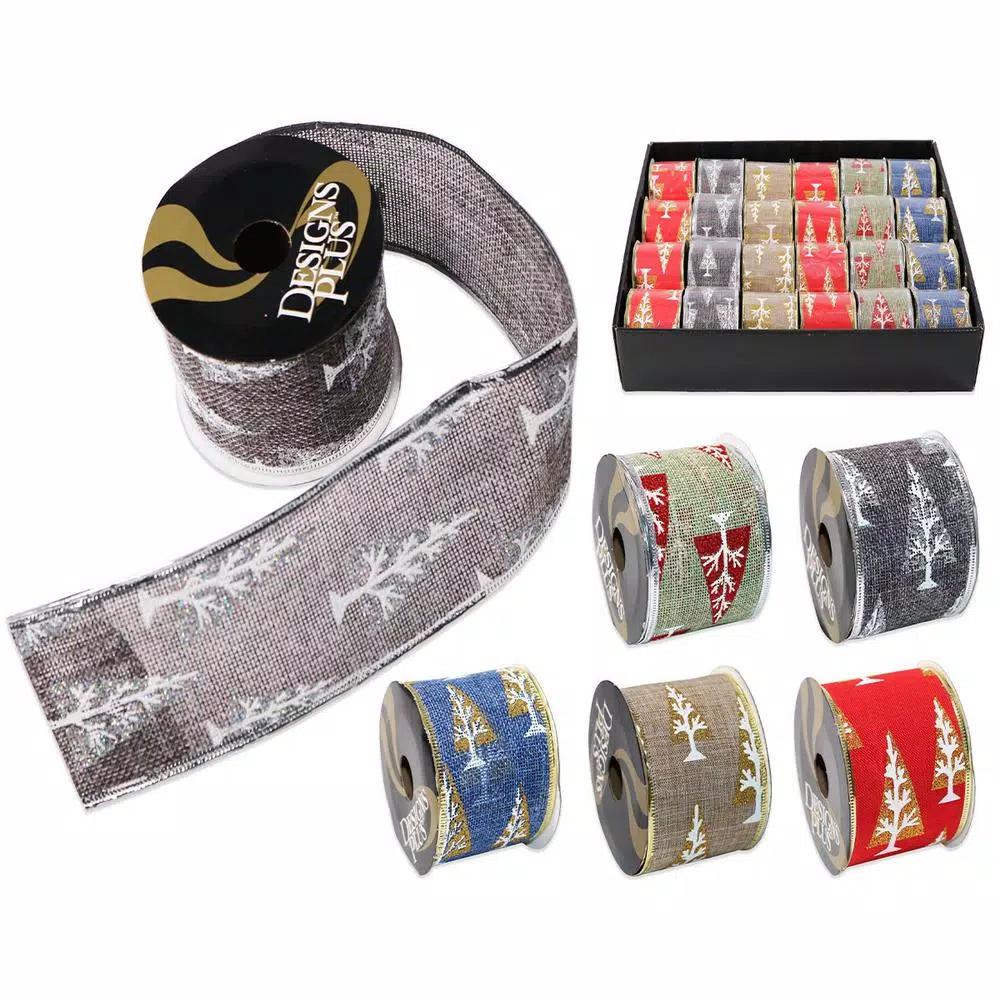Unbranded 2.5 in. x 9 ft. Assorted Christmas Tree Print Wire Edge Ribbon, 24-Pack