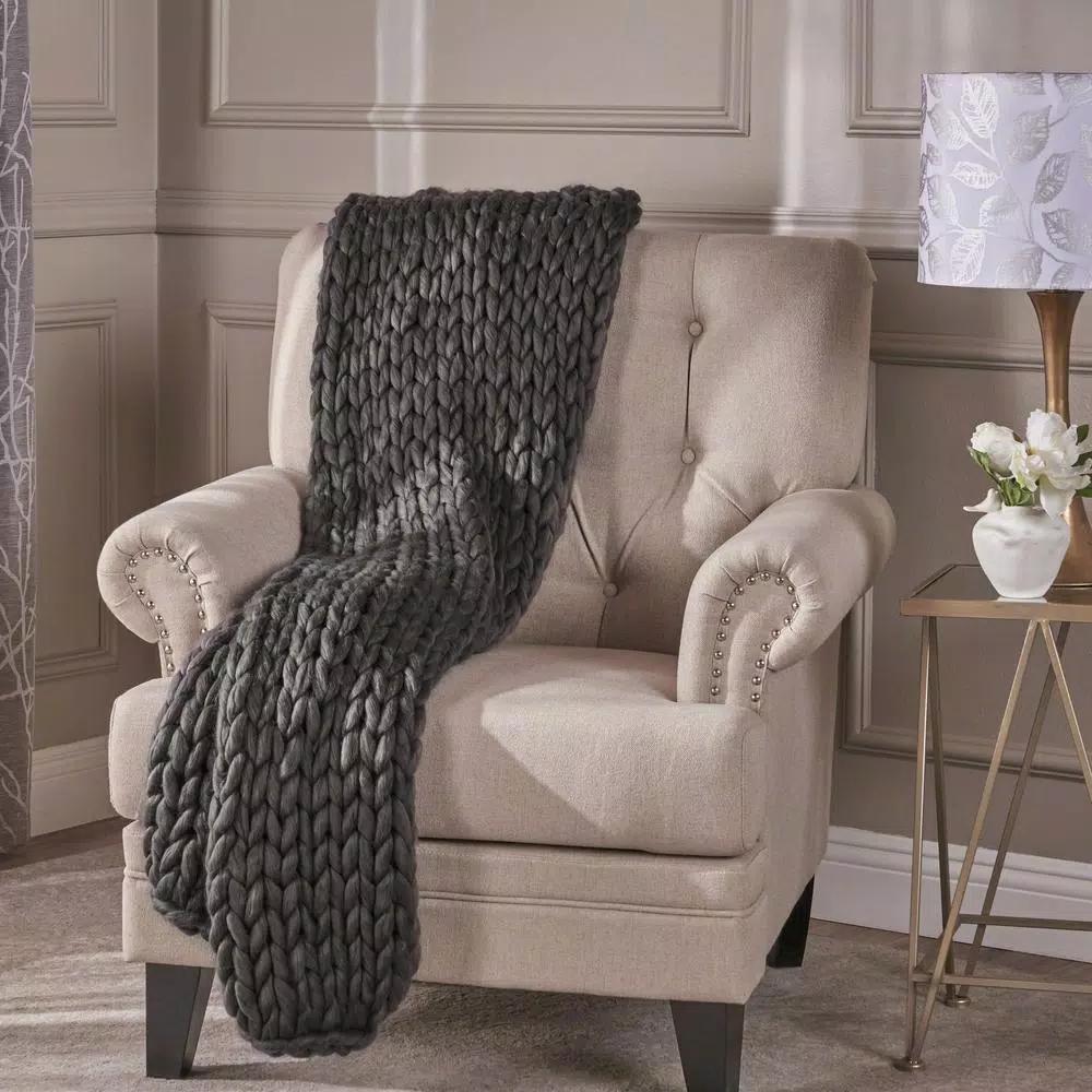 Noble House Marnie Dark Grey Acrylic Throw Blanket, Modern Solid Pattern