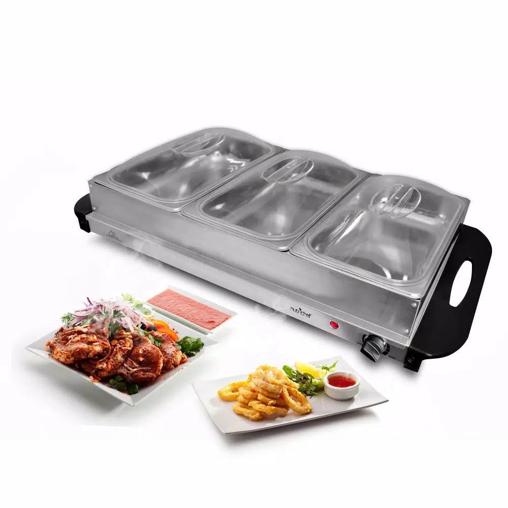 NutriChef 3-Burner 15 in. Stainless Steel Buffet Server and Hot Plate Food Warming Tray