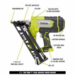 RYOBI 18V ONE+ 15-Gauge Angled Cordless AirStrike Finish Nailer Kit with 2.0 Ah Battery and Charger thumbnail 3