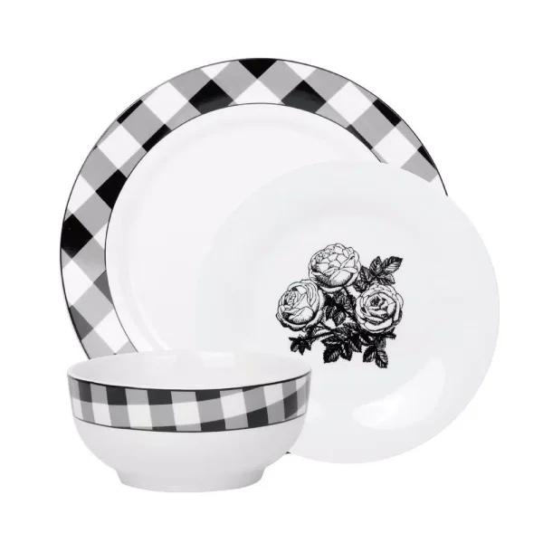 Godinger Damier 12-Piece Porcelain Dinnerware Set, Black and White Checkerboard Design, Service for 4