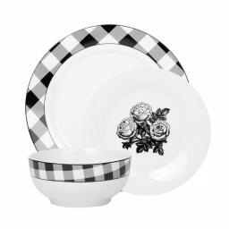 Godinger Damier 12-Piece Porcelain Dinnerware Set, Black and White Checkerboard Design, Service for 4 thumbnail 1