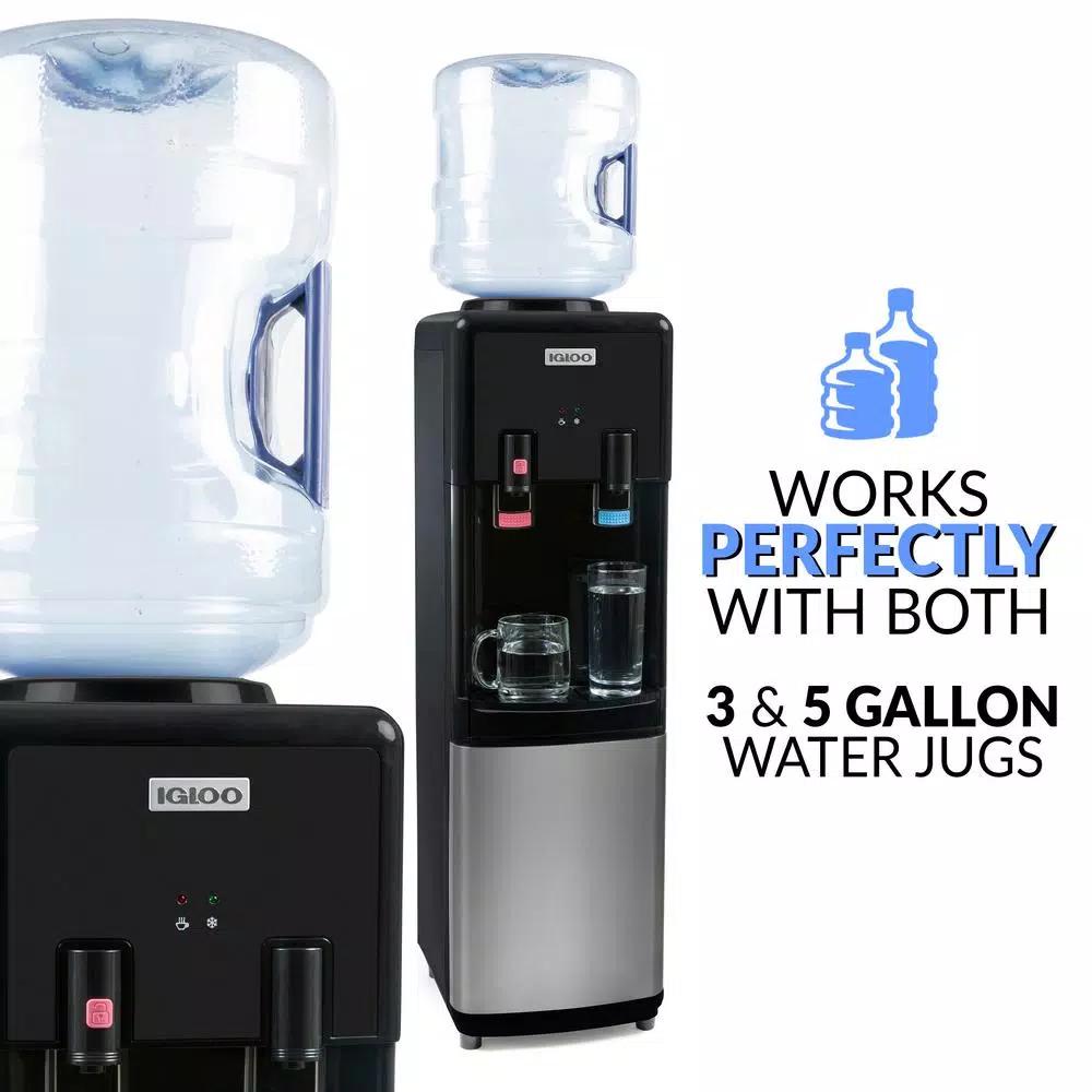 Igloo Top Loading Water Dispenser, Hot and Cold Water Cooler in Black and Stainless Steel