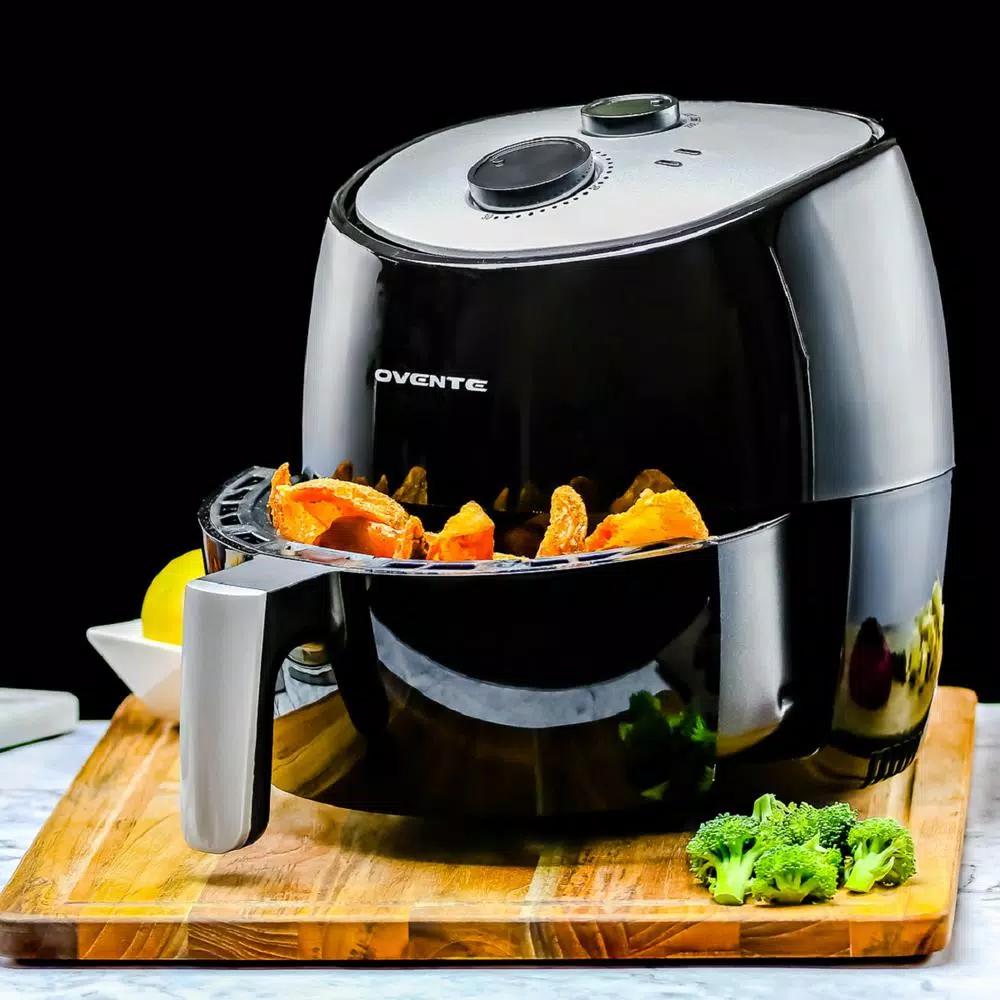 Ovente 3.2 Qt. Black Stainless Steel Electric Air Fryer, 1300W with Non-Stick Removable Basket