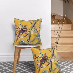 LR Home Scenic Yellow Floral Birds Throw Pillow - 20 x 20 in. Cotton Square Accent Pillow thumbnail 2