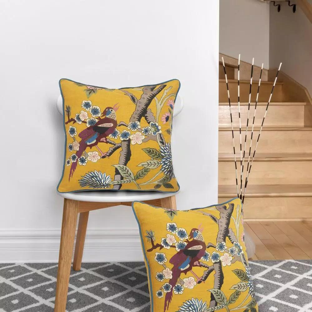 LR Home Scenic Yellow Floral Birds Throw Pillow - 20 x 20 in. Cotton Square Accent Pillow