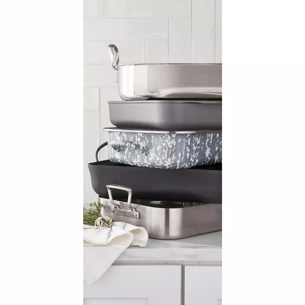 Golden Rabbit Grey Swirl 10.5 qt. Porcelain Enamelware Roasting Pan with Glass Lid
