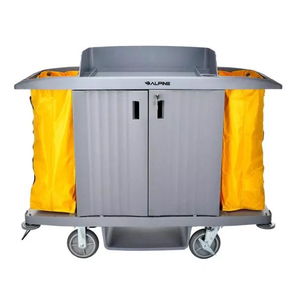 Alpine Industries 3-Shelf PVC Janitorial Cleaning Cart with 2 Yellow Vinyl Bags