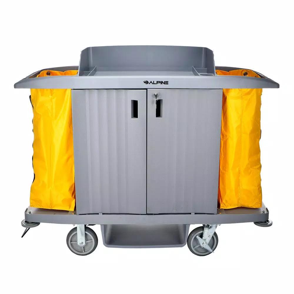 Alpine Industries 3-Shelf PVC Janitorial Cleaning Cart with 2 Yellow Vinyl Bags