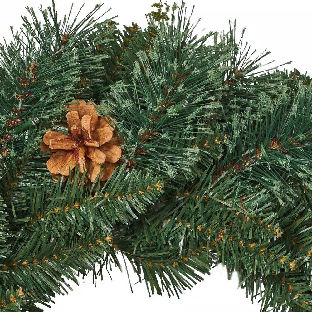 Noble House 24 in. Mixed Pine Artificial Christmas Wreath with Pine Cones and Warm White LED Lights, Battery Operated