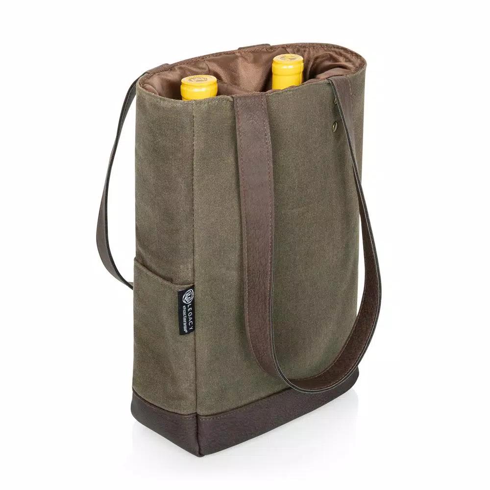 Picnic Time Khaki Green Waxed Canvas 2-Bottle Insulated Wine and Cheese Tote Bag