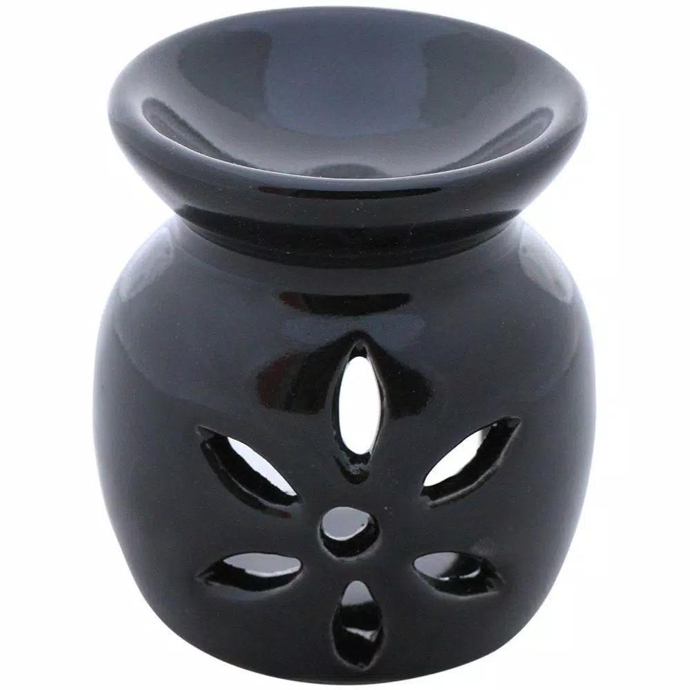 Benzara Black Handmade Ceramic Oil Diffuser and Warmer with Leaf Cutout Design
