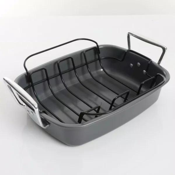 Kenmore Travers 2-Piece Non-Stick Steel Roasting Pan Set with Rack, 16.35 Qt, Gray