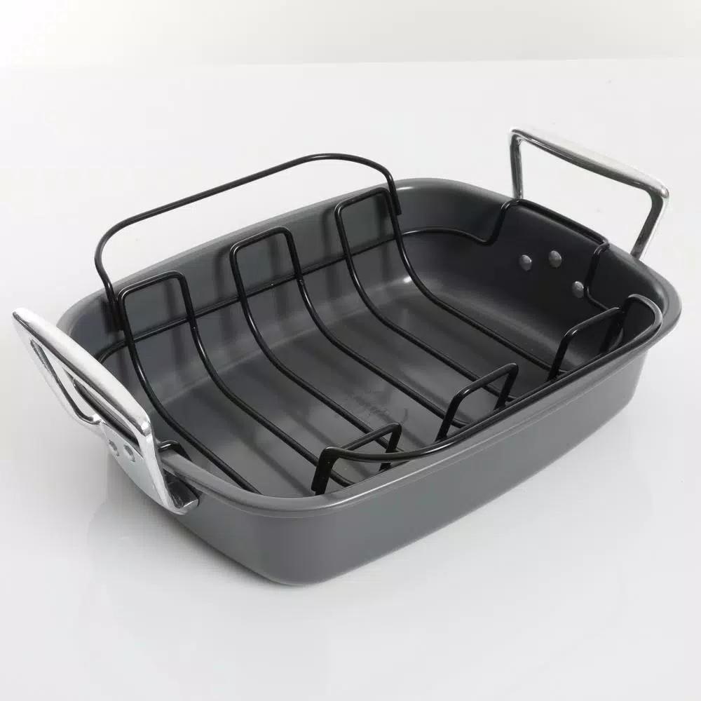 Kenmore Travers 2-Piece Non-Stick Steel Roasting Pan Set with Rack, 16.35 Qt, Gray