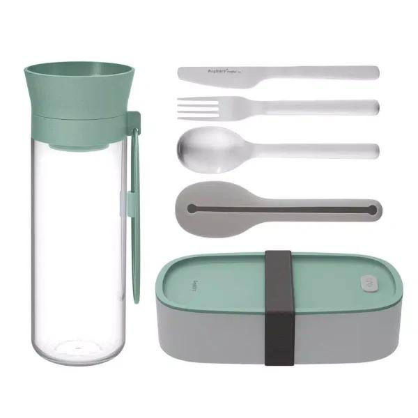 BergHOFF Leo Lunch Set with Bento Box, 40oz Water Bottle, and 3-Piece Stainless Steel Flatware - Gray and Mint