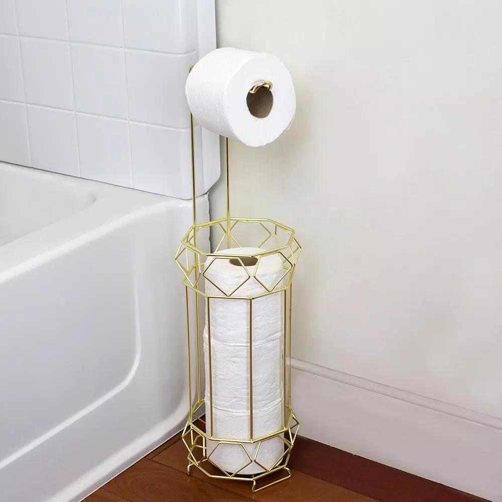 Home Basics Prism Freestanding Gold Toilet Paper Holder with Storage Base