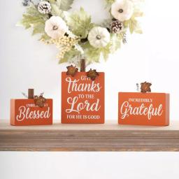 Glitzhome 8.85 in. Fall Wooden Pumpkin Table Decor Set, 3-Pack with Harvest Blessing Words thumbnail 8