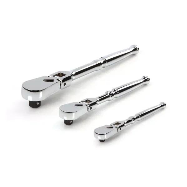 TEKTON 3-Piece Flex Ratchet Set, 1/4 in., 3/8 in., and 1/2 in. Drive, 90-Tooth, 180° Adjustable Head