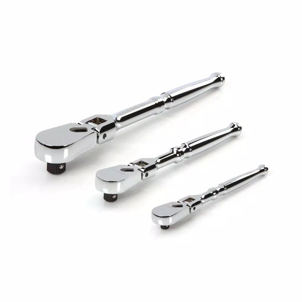 TEKTON 3-Piece Flex Ratchet Set, 1/4 in., 3/8 in., and 1/2 in. Drive, 90-Tooth, 180° Adjustable Head