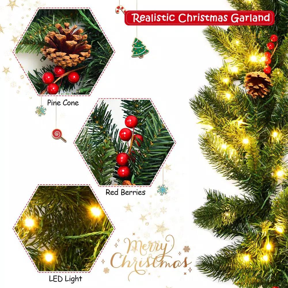 Costway 9 ft. Pre-Lit LED Artificial Fall & Christmas Garland with 100 Warm White Lights and Timer
