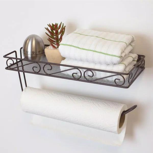 Home Basics Scroll Collection Wall-Mount Bronze Paper Towel Holder with Integrated Top Shelf