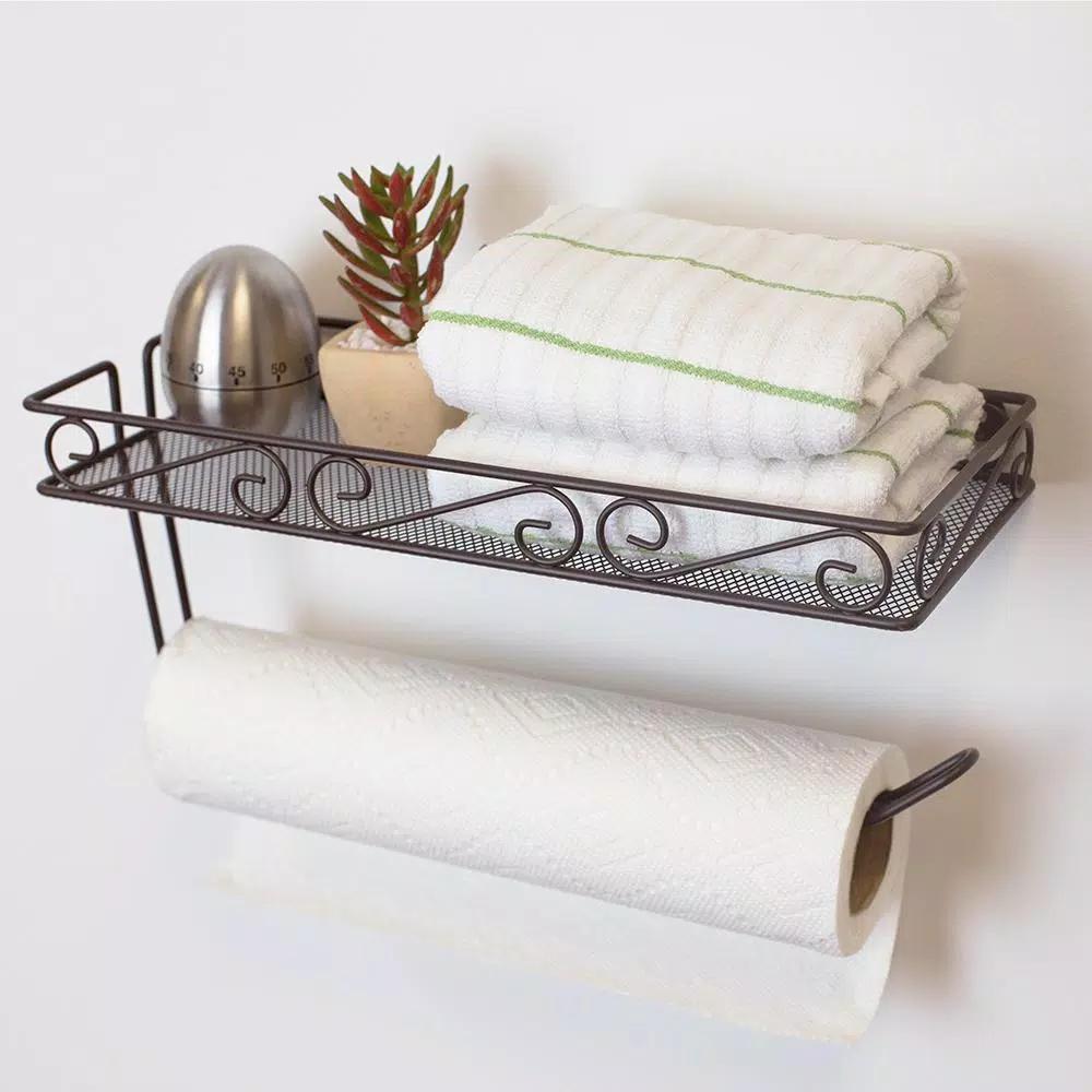 Home Basics Scroll Collection Wall-Mount Bronze Paper Towel Holder with Integrated Top Shelf